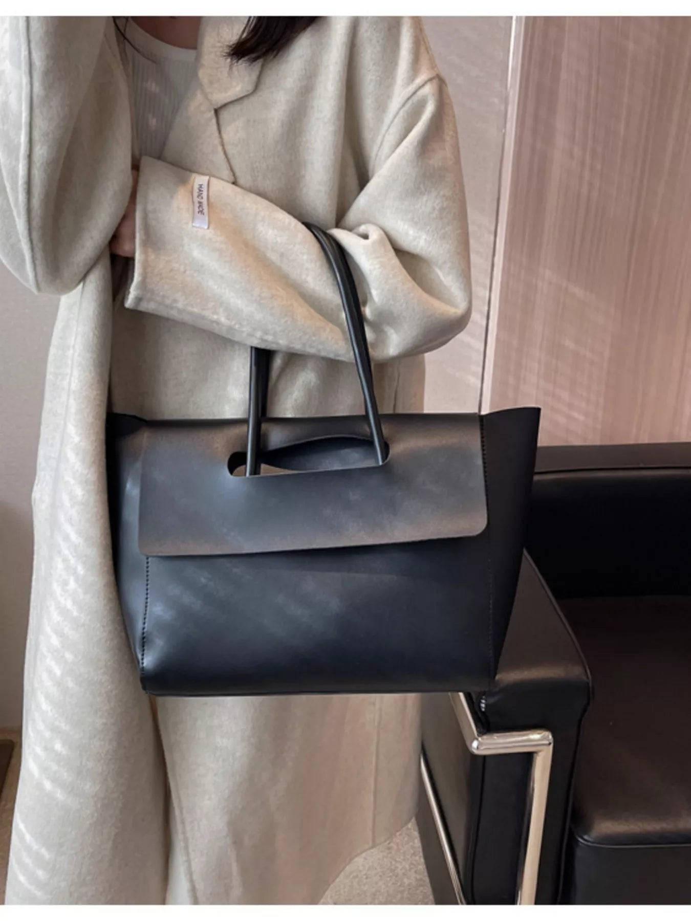 Solid Color Leather Handbag