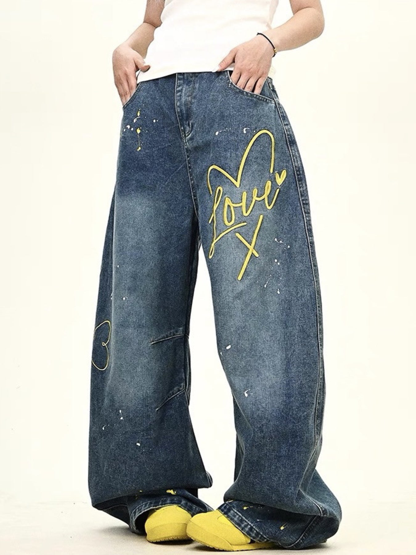 Men's Full Size Love Washed Wide Leg Jeans Plus Size