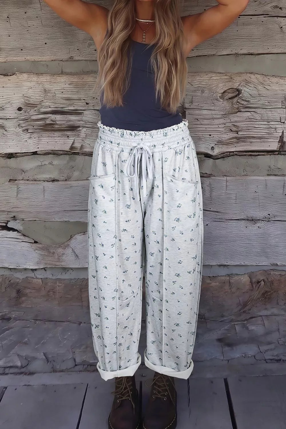 Floral Print Elastic Waist Regular Fit Pants