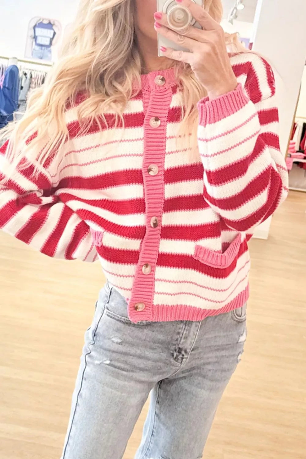 Stripe V Neck Long Sleeve Regular Fit Cardigan