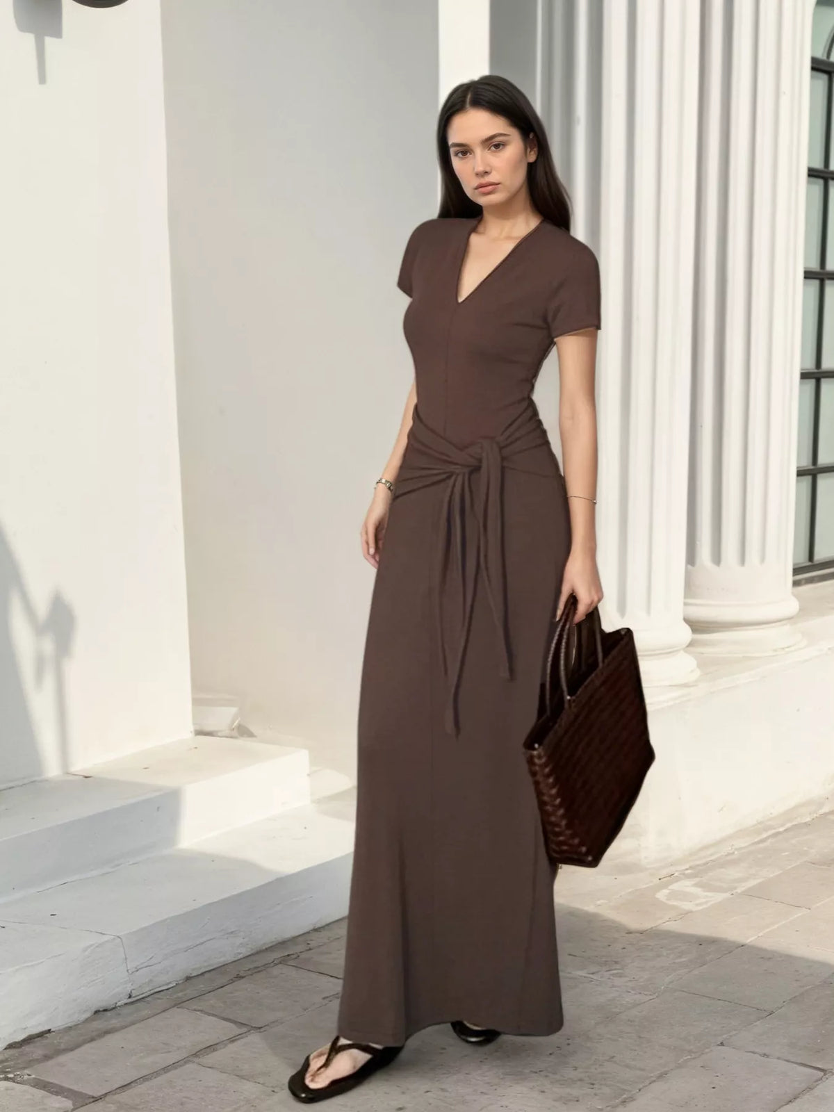 V-Neck Short Sleeve Maxi Dress with Waist-Tie Detail