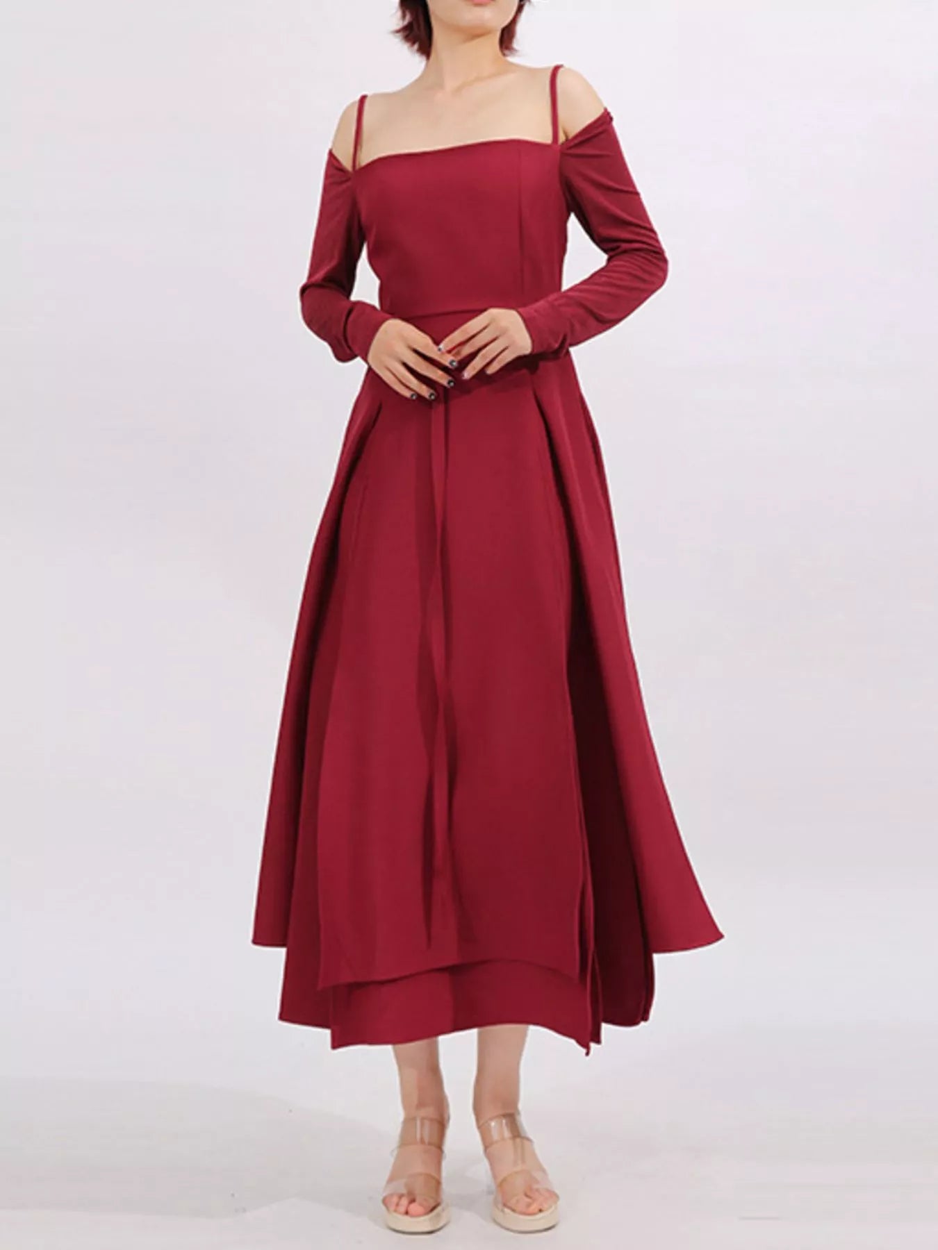 Slit Spaghetti Strap Long Sleeve Dress