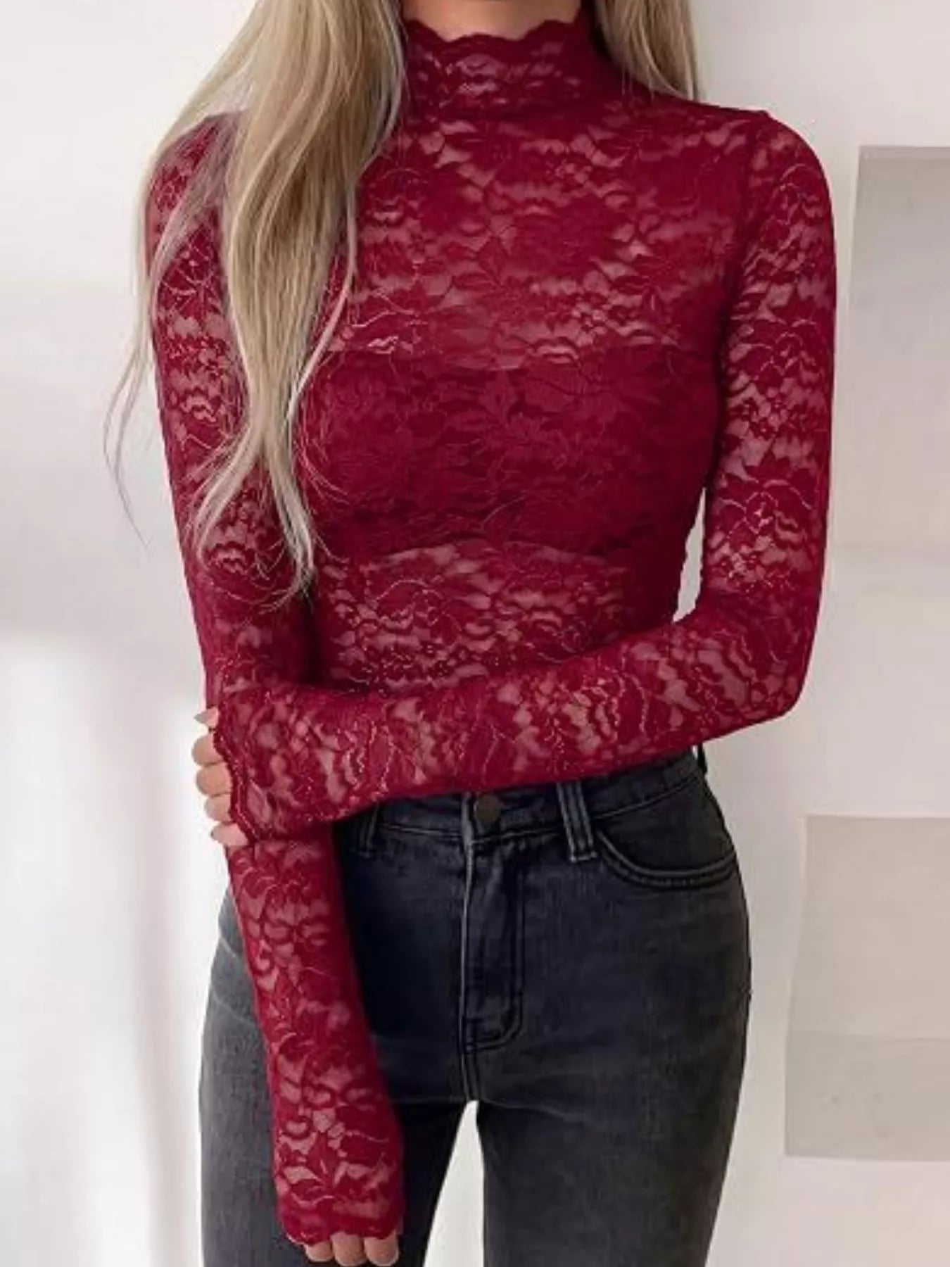 Lace Mock Neck Long Sleeve Top