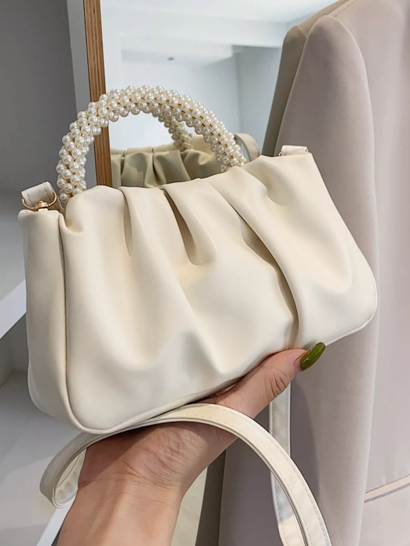 Pearl Handle Ruched Crossbody Bag
