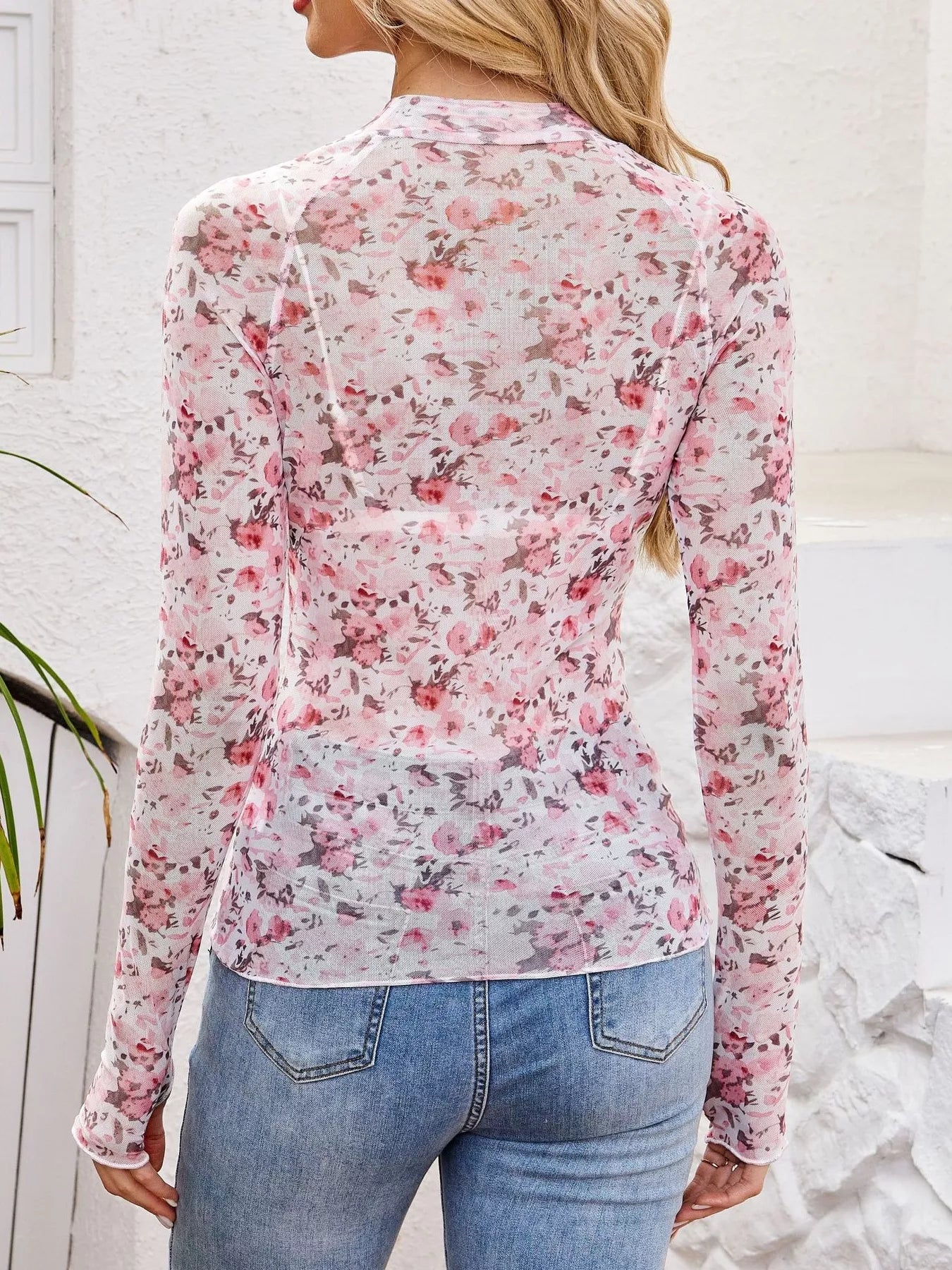 Sheer Mock Neck Long Sleeve Top