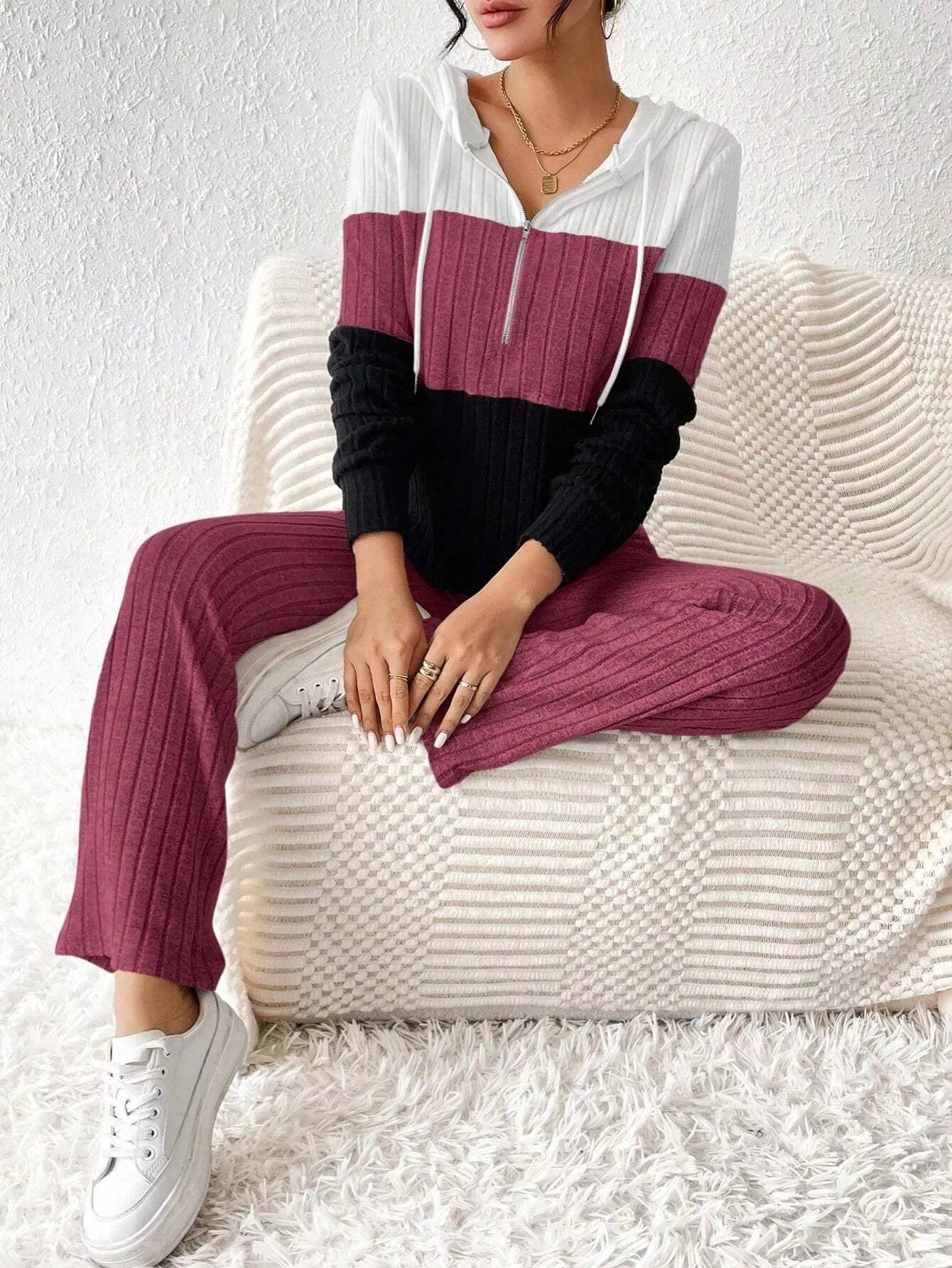 Color Block Half Zip Hooded Top and Pants Set