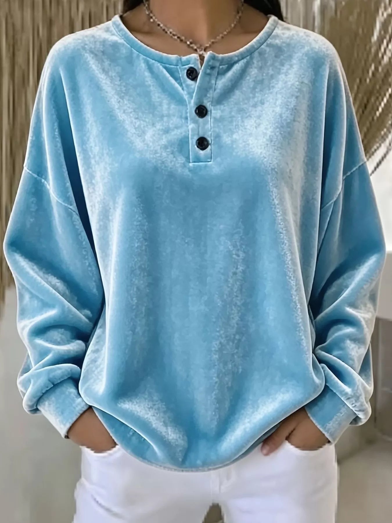 Velvet Henley Top with Button Detail