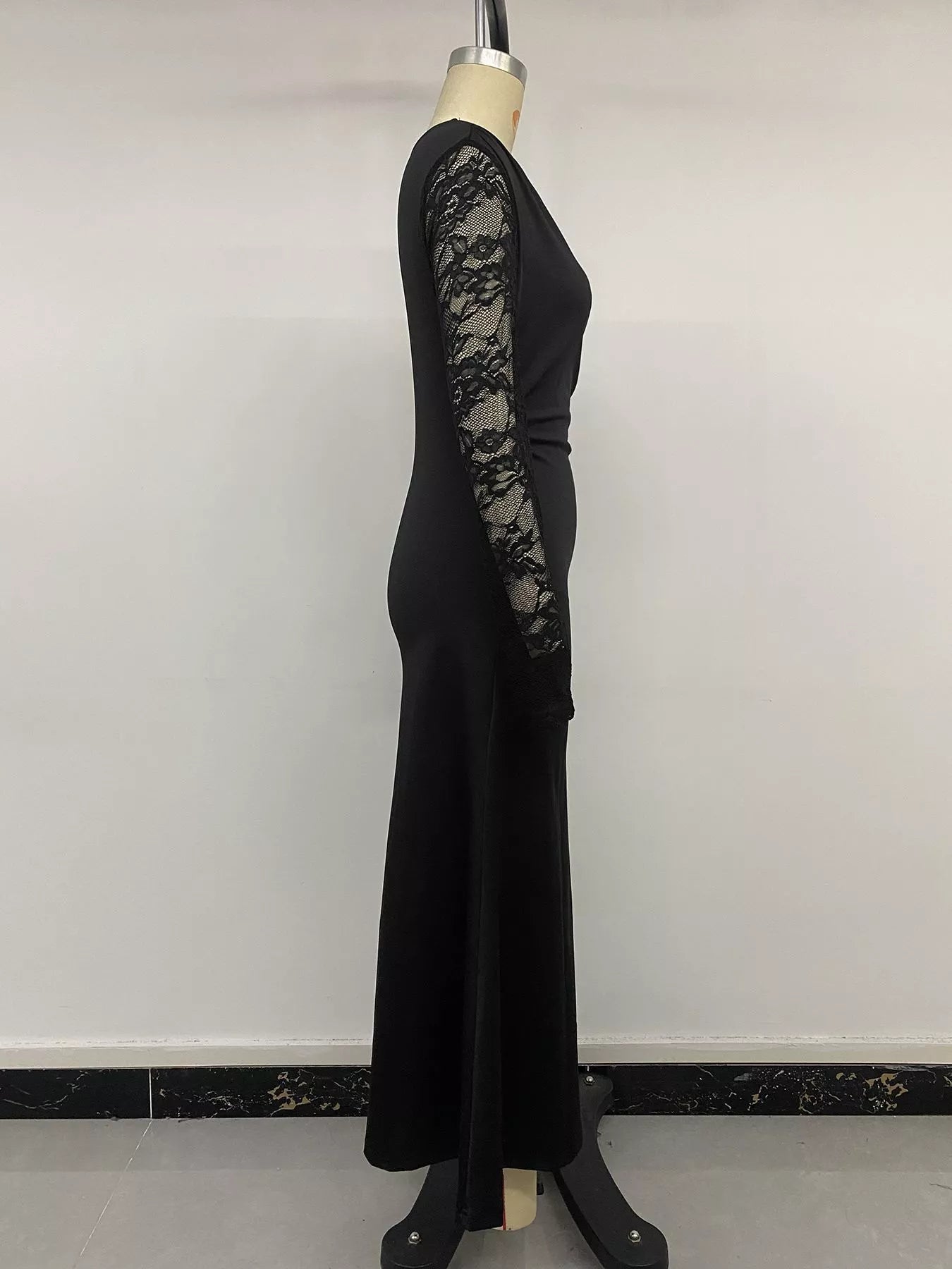 One-Shoulder Lace Sleeve Maxi Dress