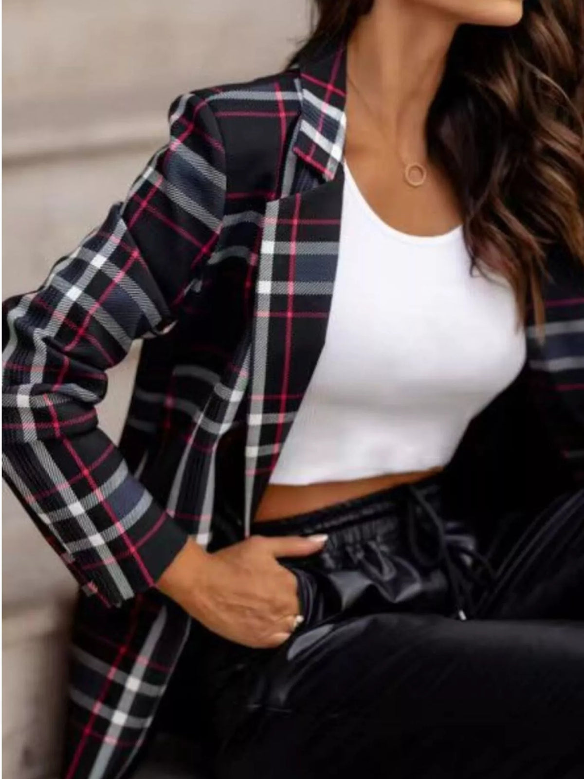 Plaid Lapel Collar Blazer