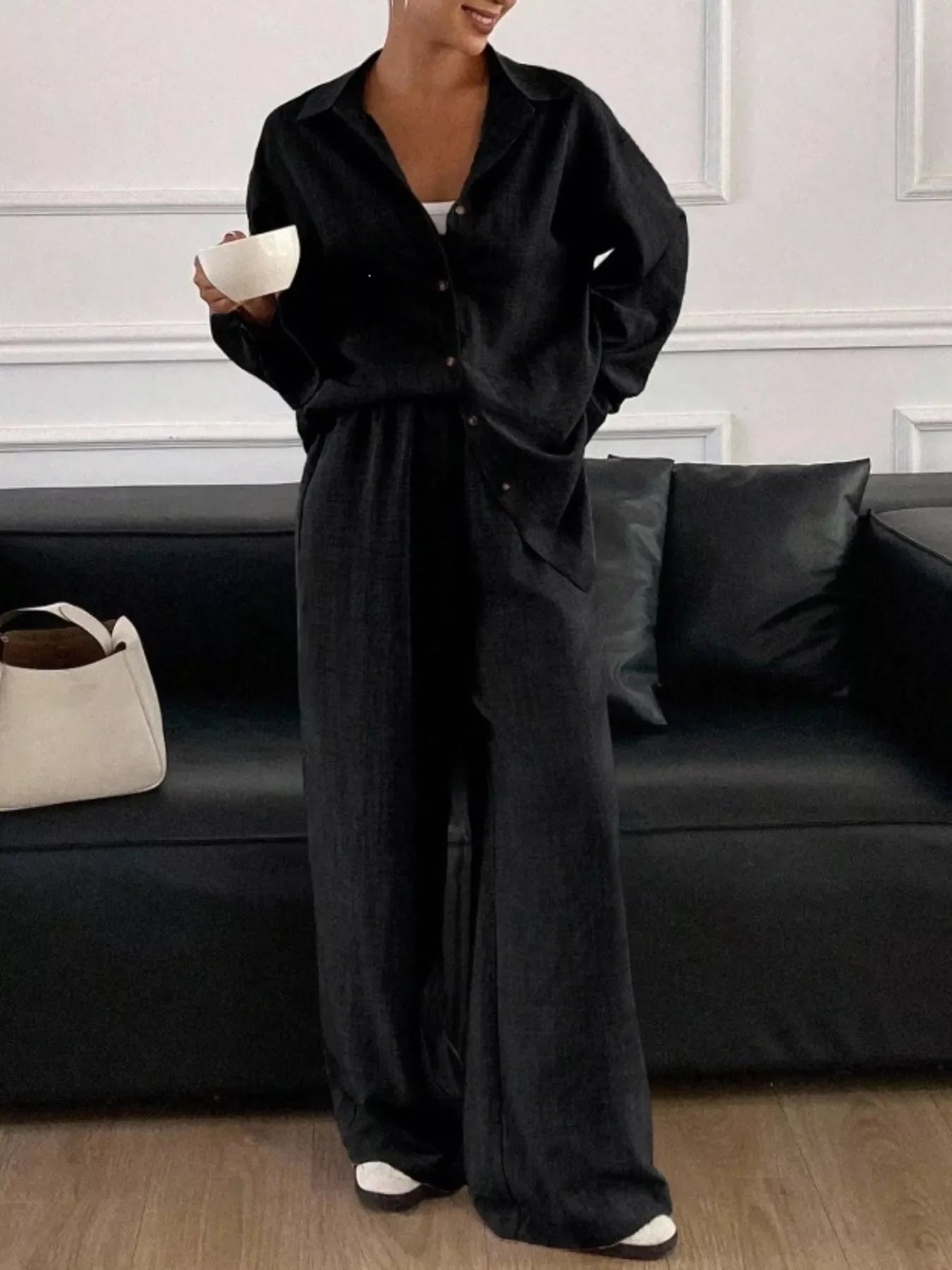 Button-Down Shirt and Wide-Leg Pants Set