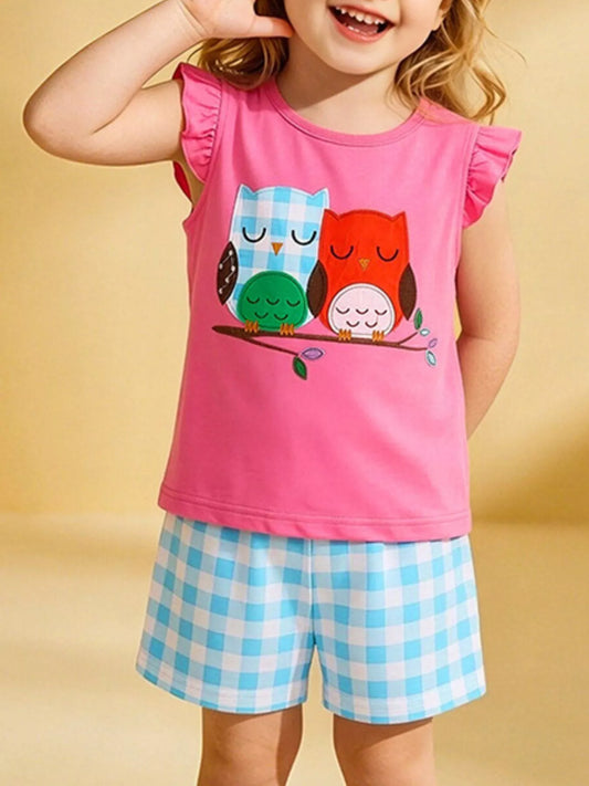 Children's Owl Graphic Top and Plaid Shorts Set