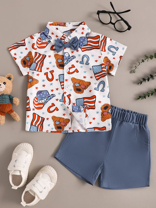 Children's American Flag Print Bow Tie Shirt & Shorts Set