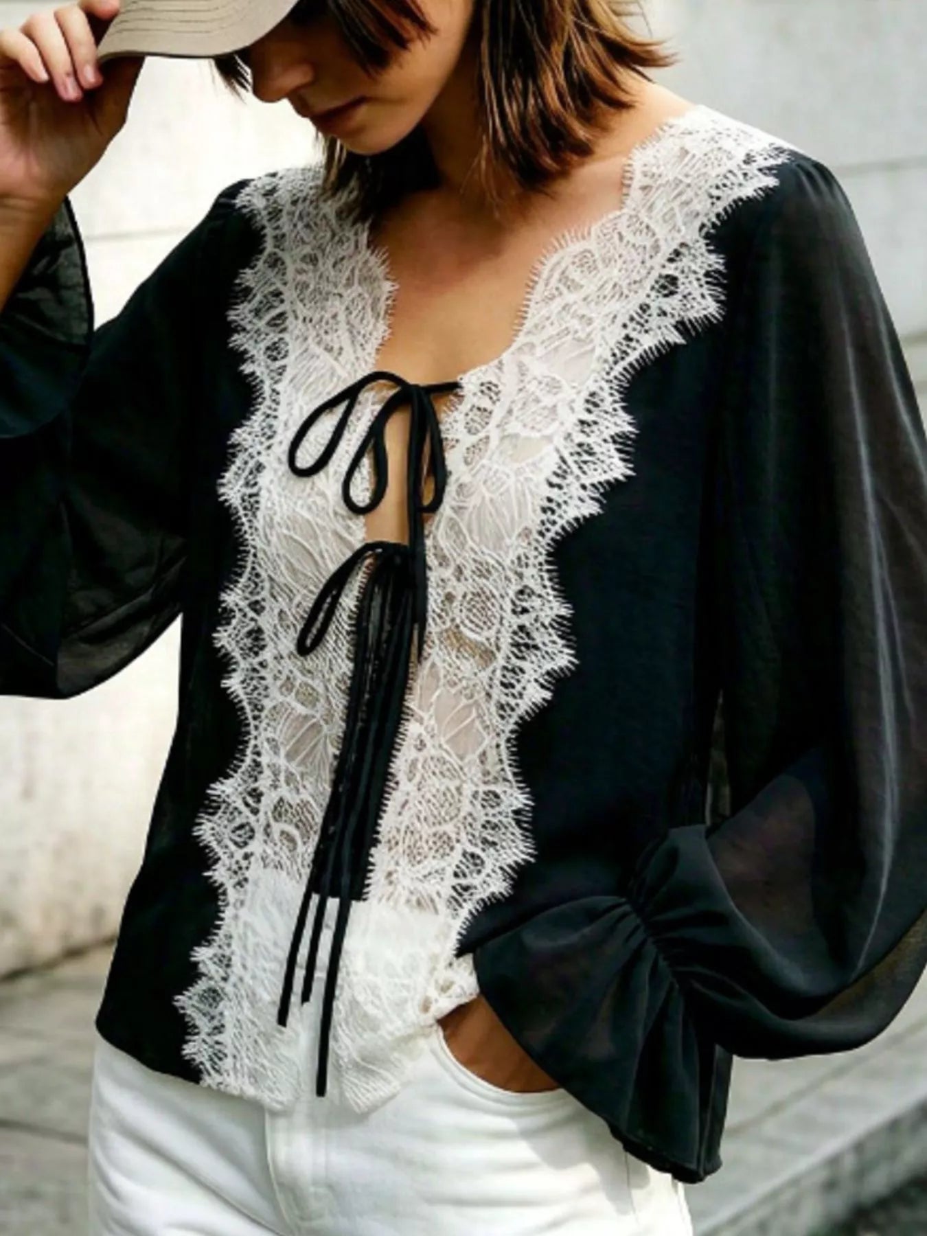 Sheer Lace-Trimmed Front Tie Blouse