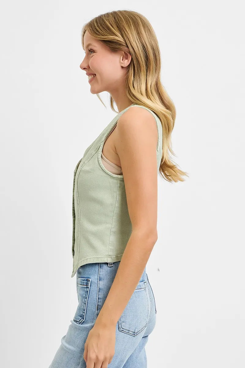 RISEN Full Size V Neck Button Down Vest Plus Size