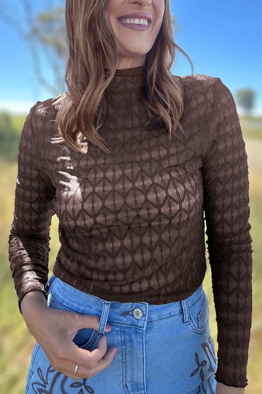 Sheer Textured Lace Stand Neck Long Sleeve Top