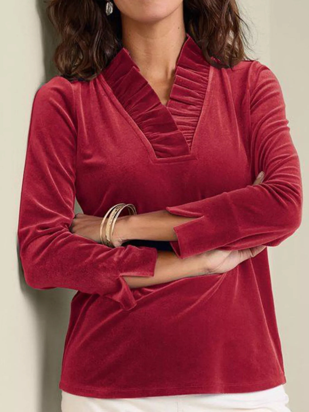 Velvet Long Sleeve Blouse with Ruffled V-Neck