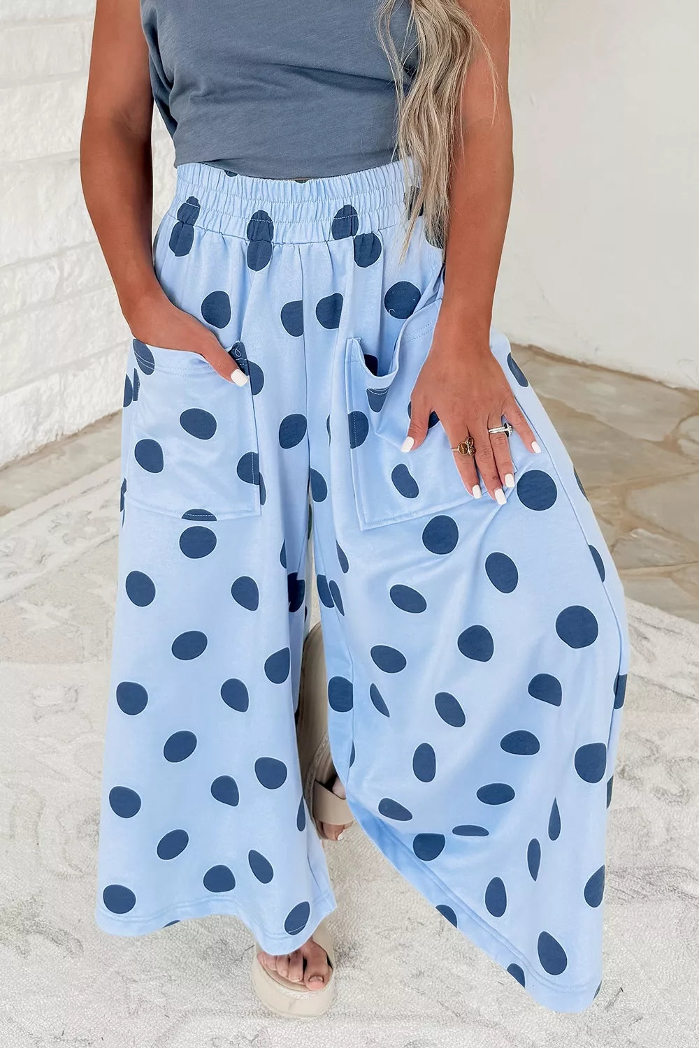 Polka Dot Wide Leg Elastic Waist Casual Pants