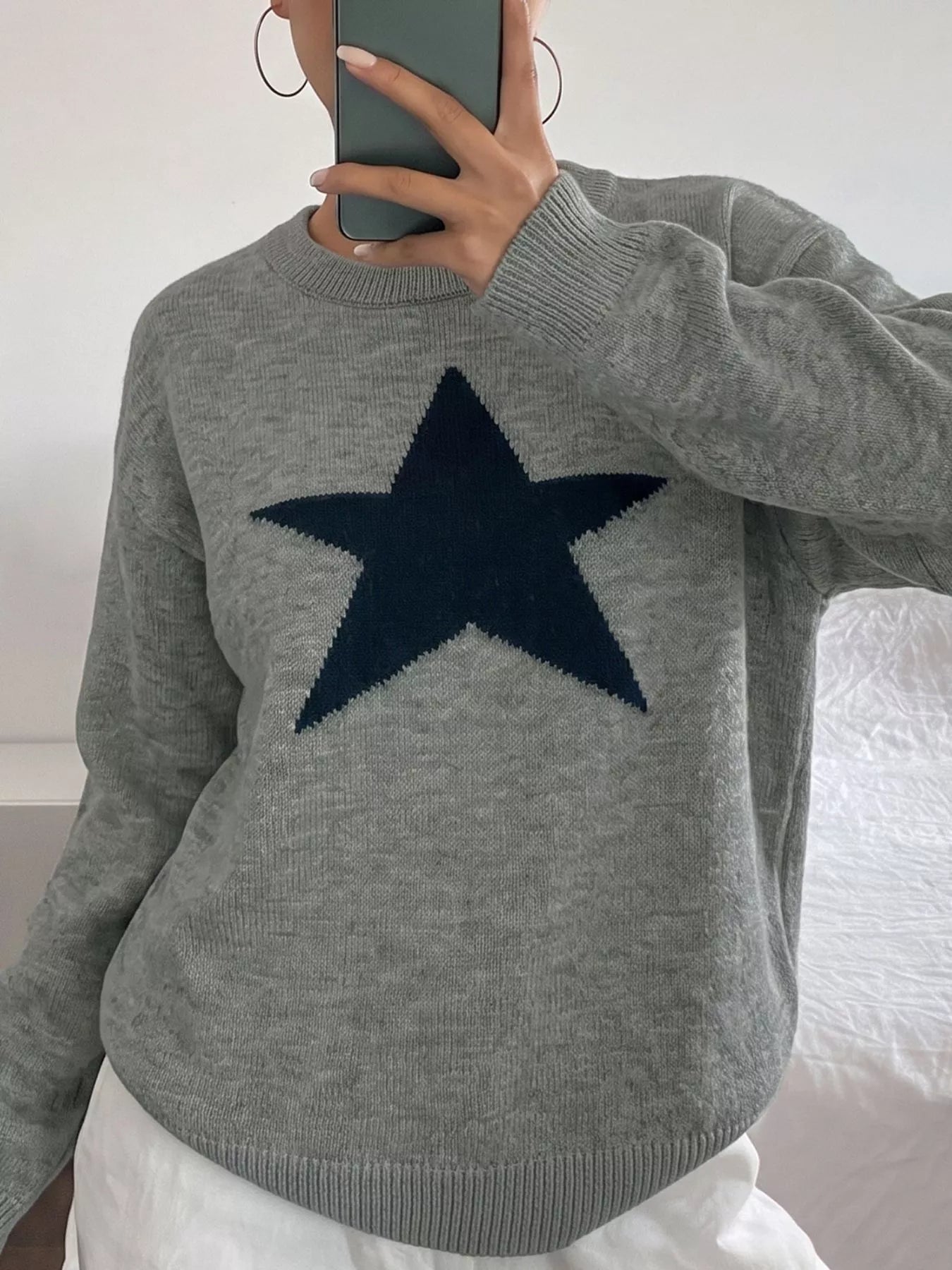 Star-Patterned Dropped Shoulder Sweater