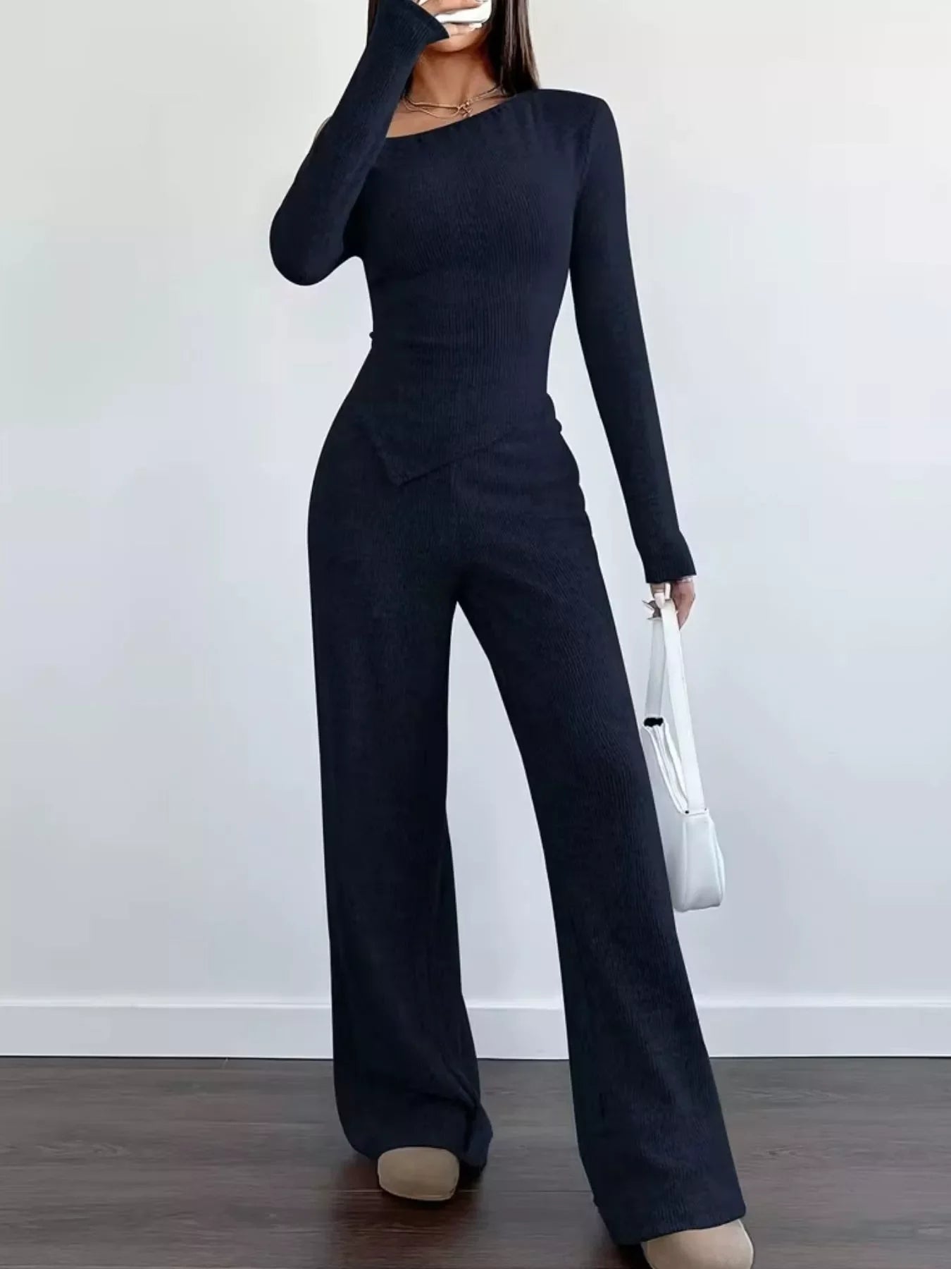 Chic One-Shoulder Asymmetrical Top and Wide-Leg Pants Set