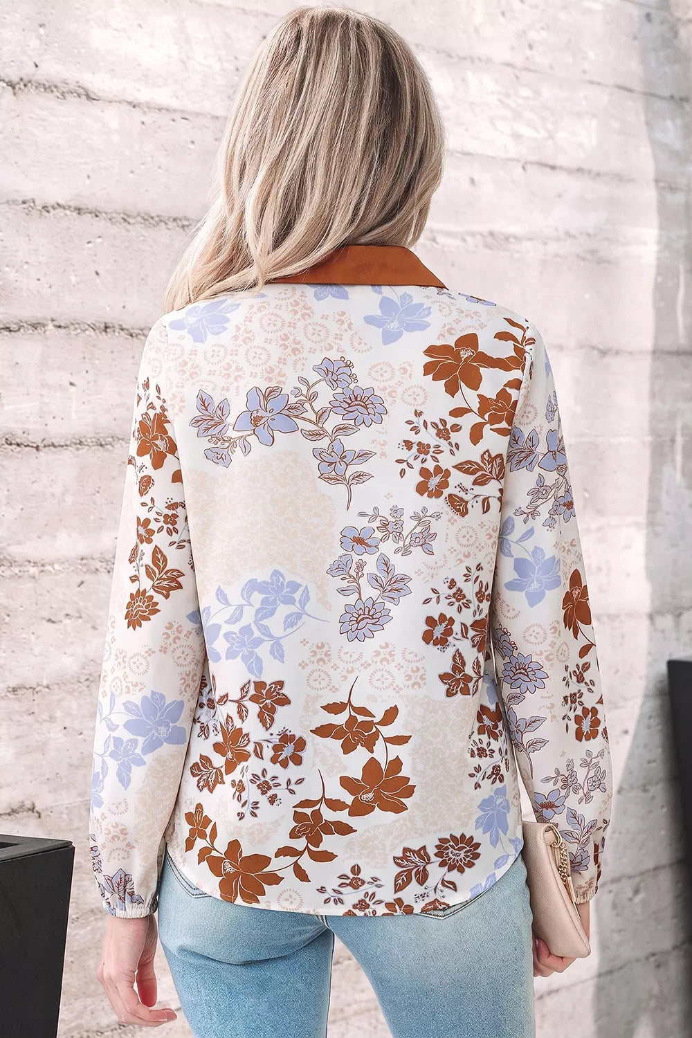 Floral Print Colorblock V Neck Long Sleeve Blouse