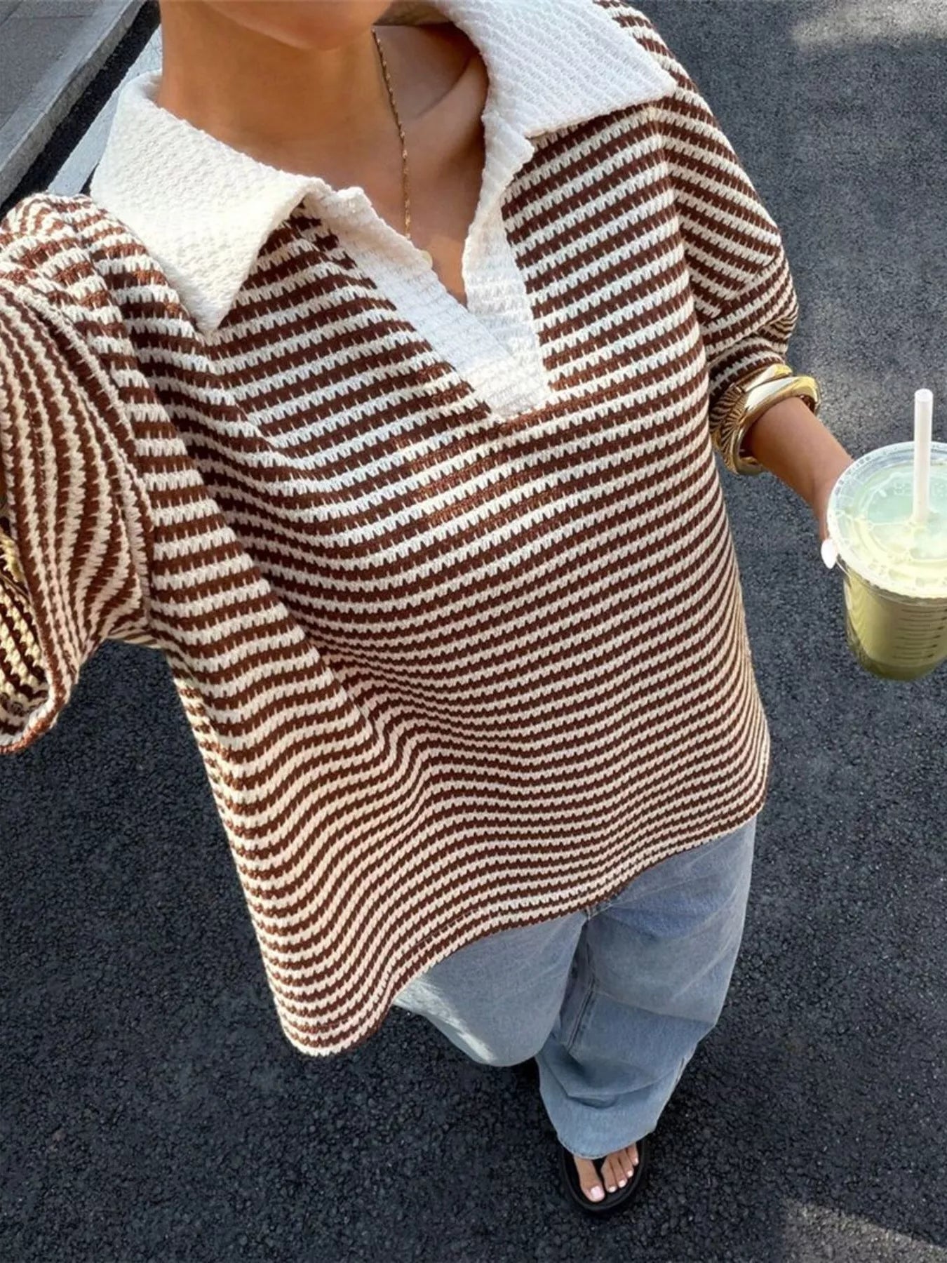 Striped Knit 3/4 Sleeve Polo Top