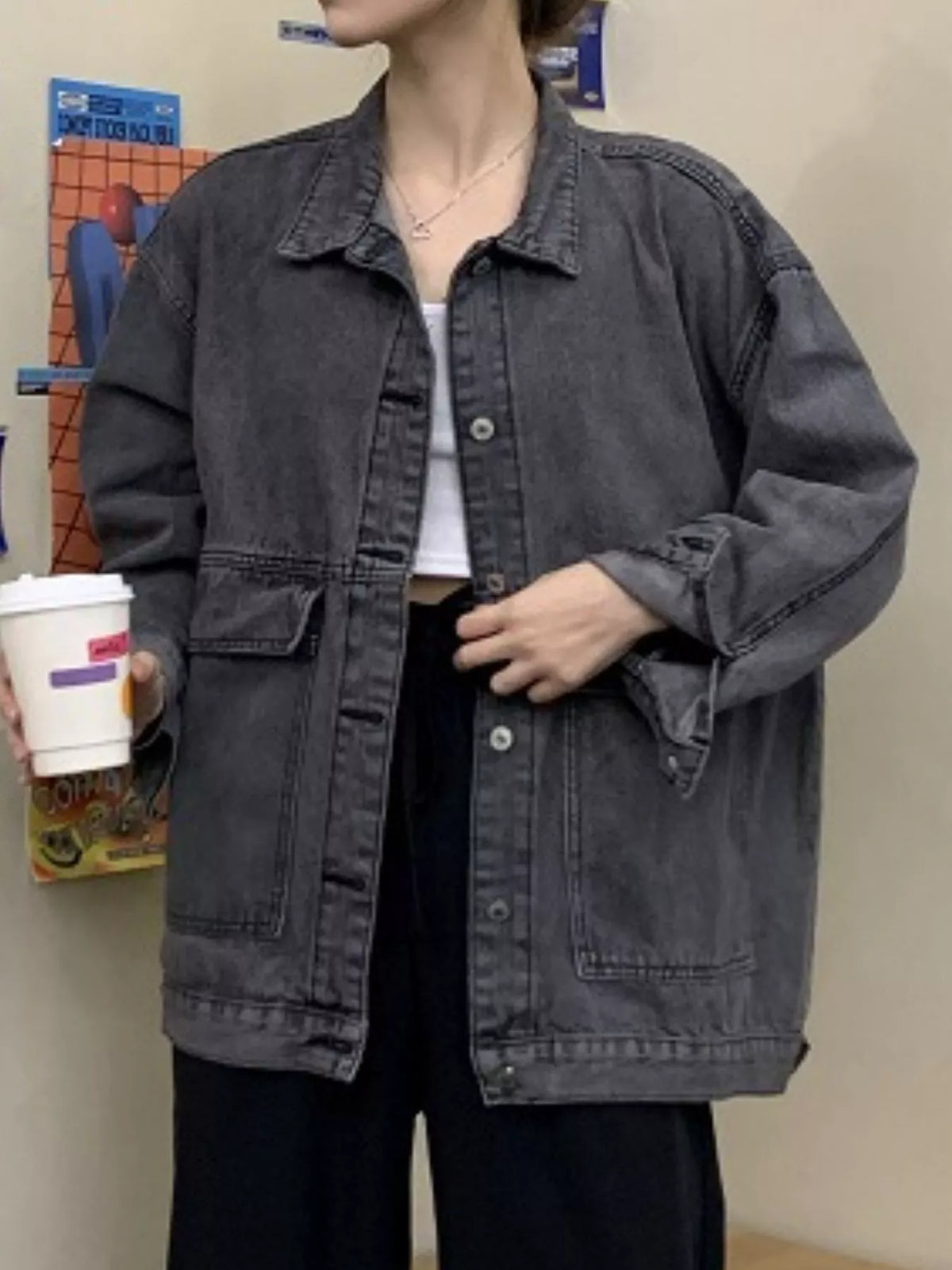 Oversized Wash Denim Jacket with Utility Pockets