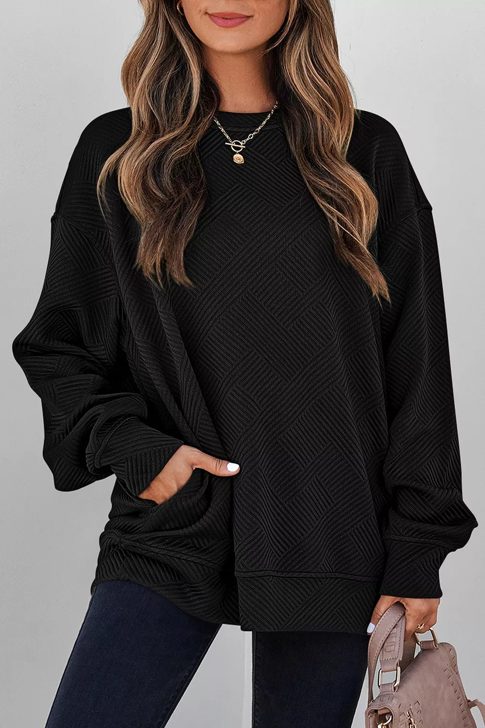 Solid Color Textured Round Neck Drop Shoulder Pullover Sweatshirt