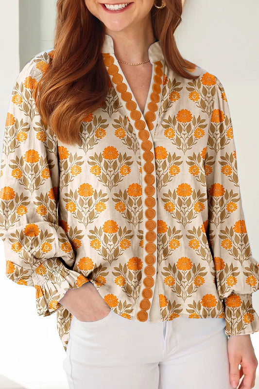 Floral Print V Neck Long Sleeve Top