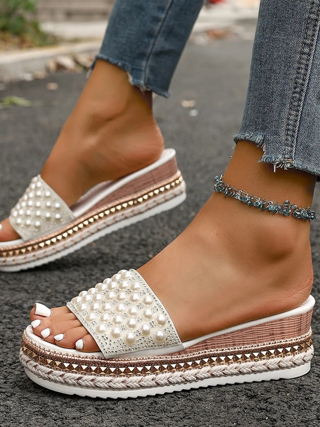 Pearl Embellished Platform Slide Sandals
