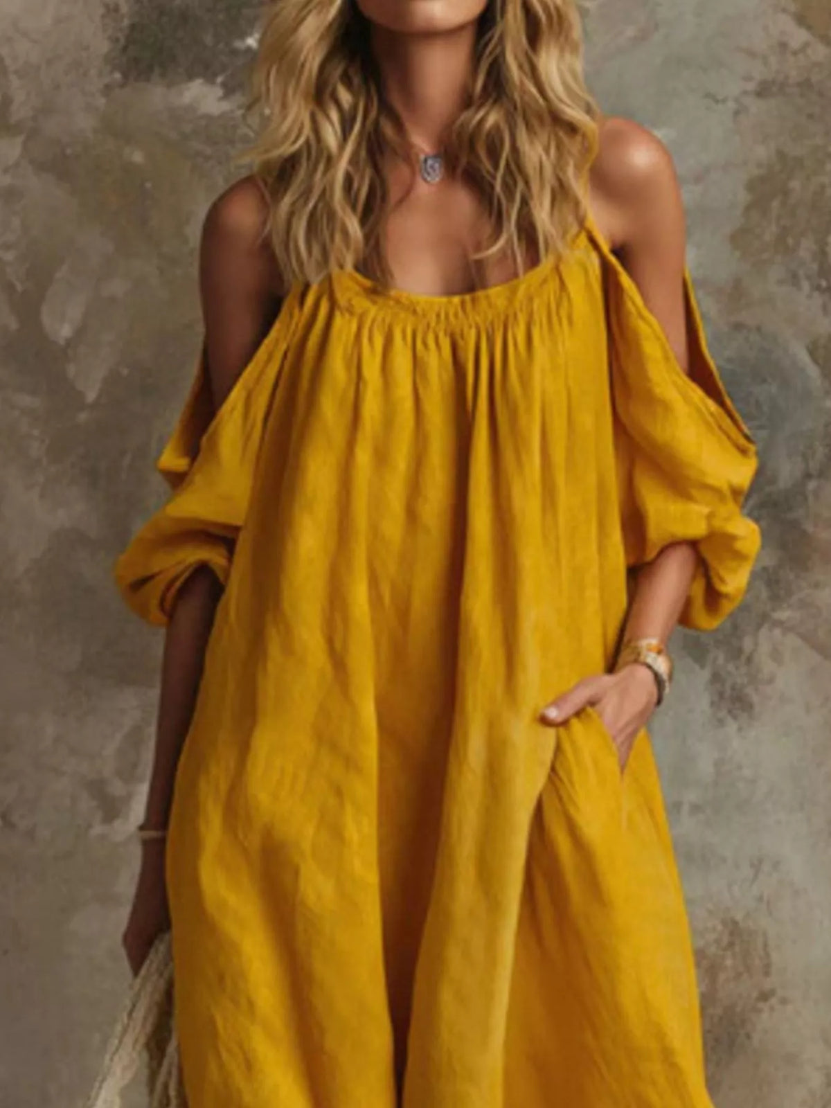 Full Size Cold-Shoulder Linen Maxi Dress Plus Size