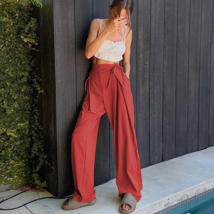 Women's High-Waist Drawstring Wide-Leg Floor-Length Pants