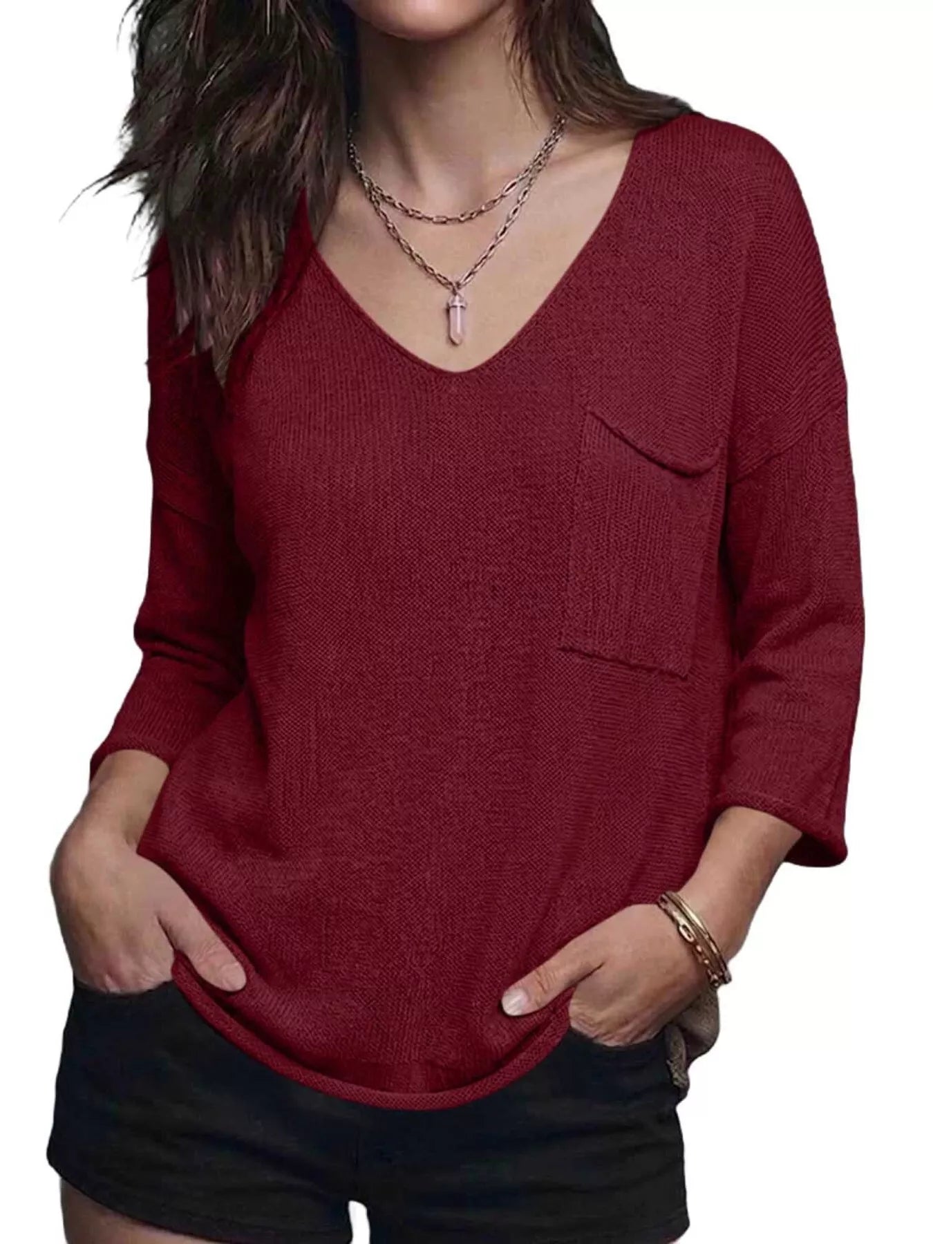 V-Neck Chest Pocket Knit Top