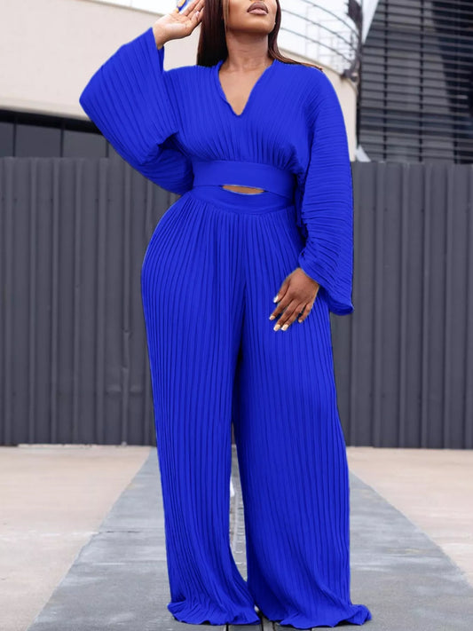 Full Size Pleated Crop Top and Wide Leg Pants Set Plus Size