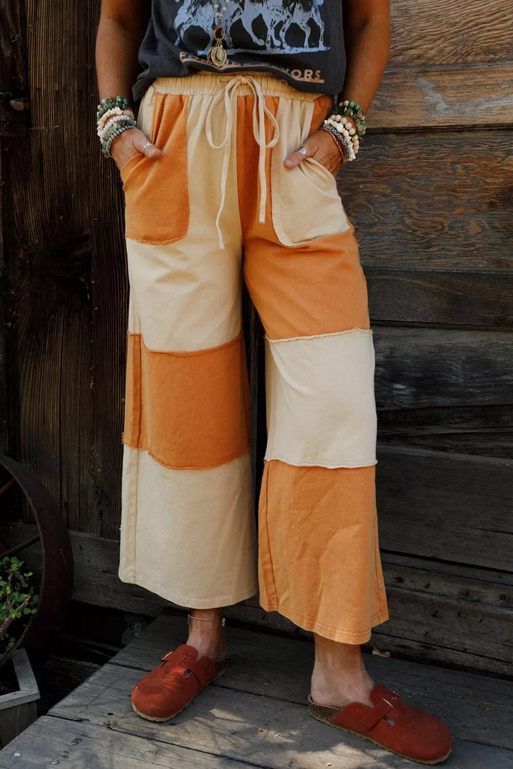 Raw Seam Colorblock Wide Leg Ankle Length Casual Pants