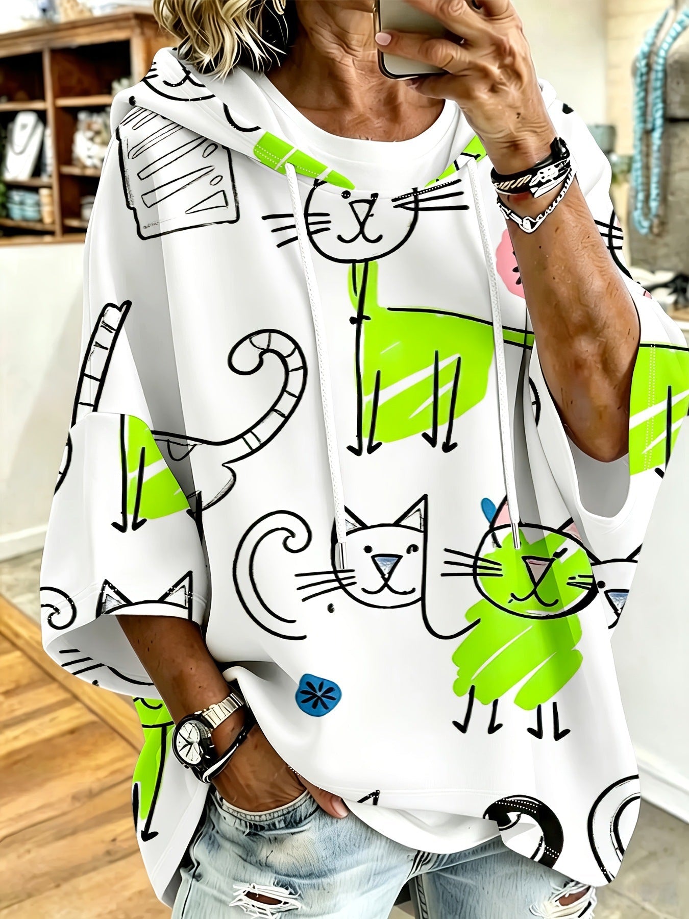 Cartoon Cat Print Hoodie with 3/4 Sleeves & Drawstring