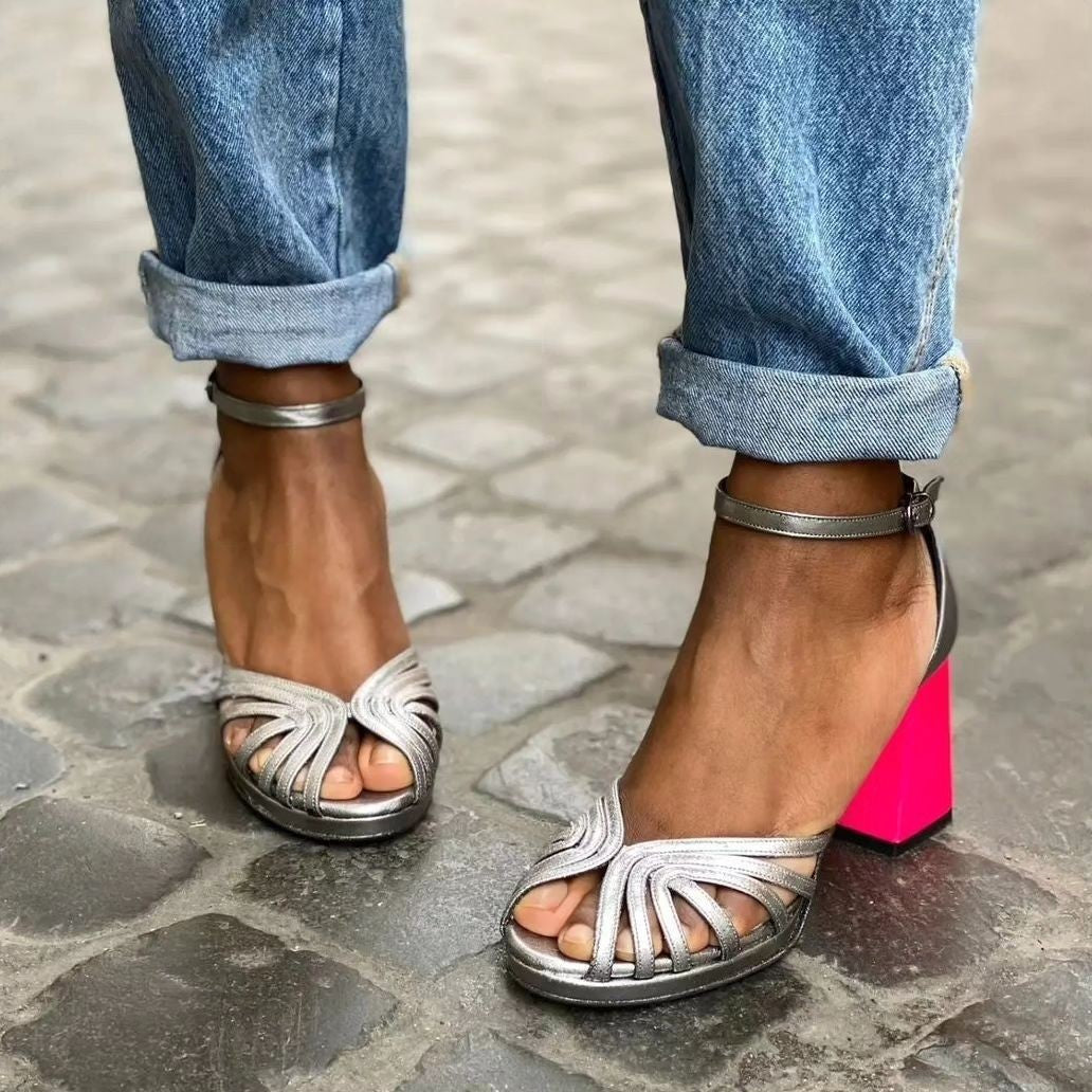 Women's Metallic Block Heel Peep Toe Buckle Sandals