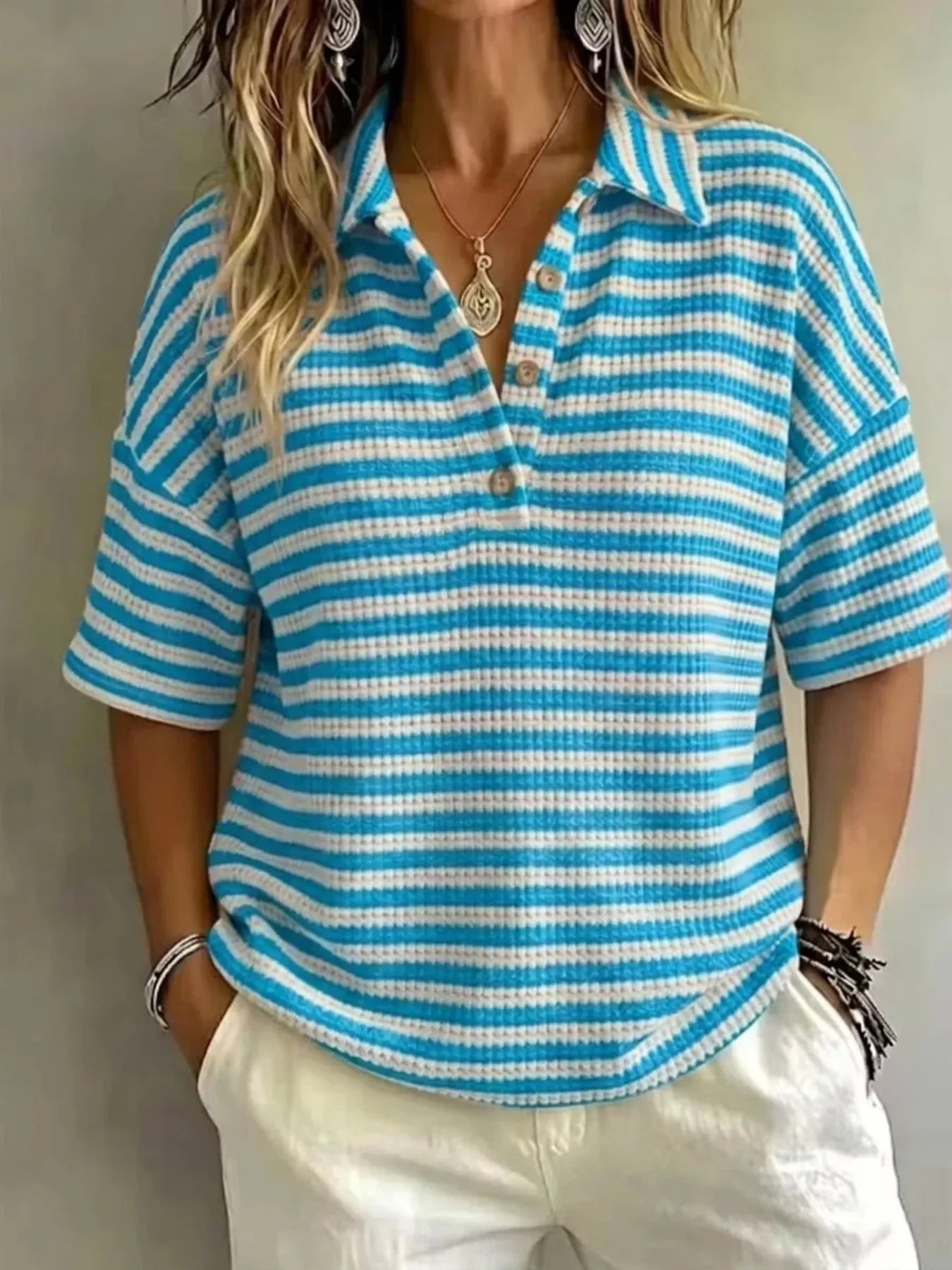 Full Size Contrast Striped Knit Polo Shirt Plus Size