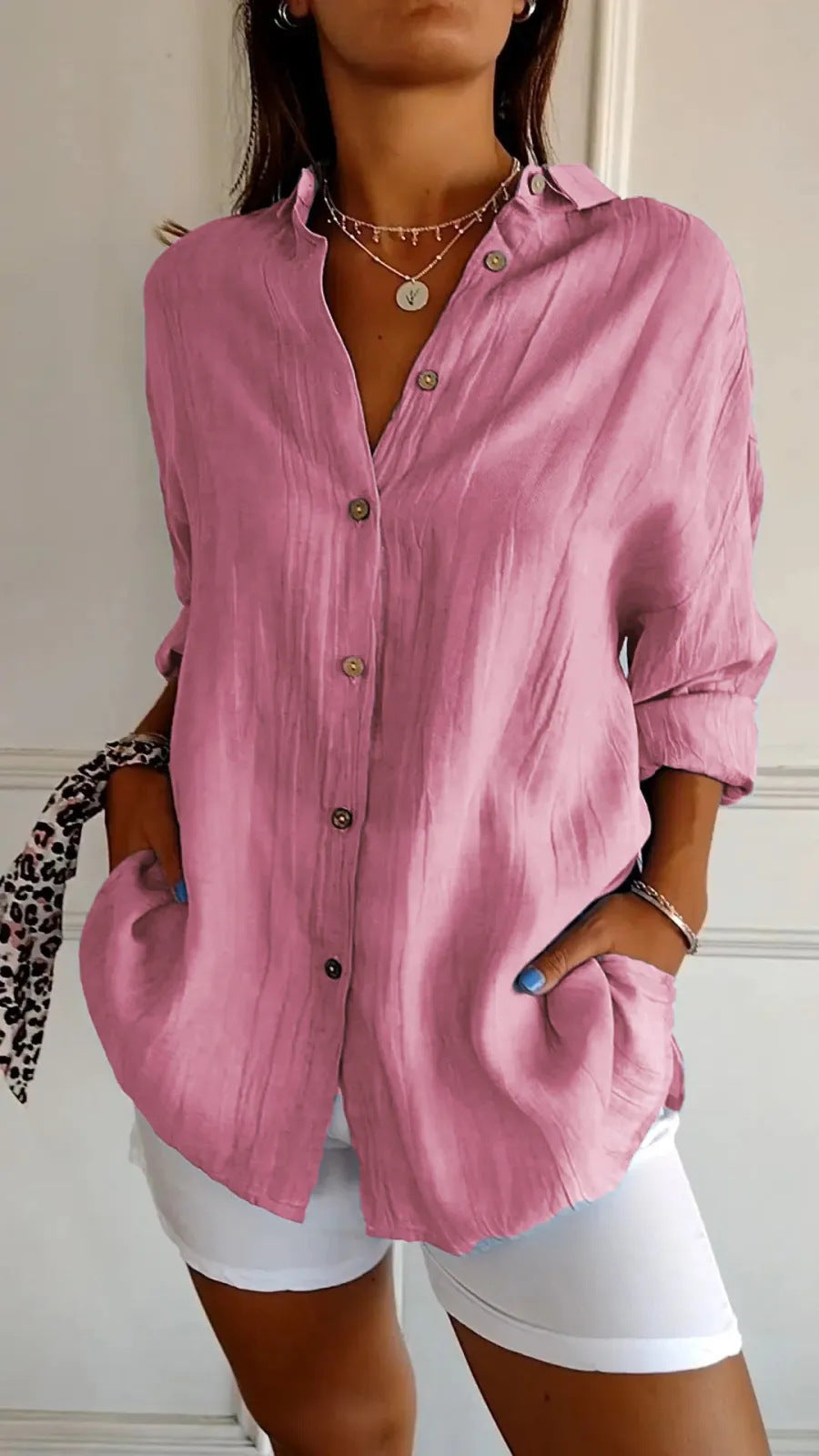 Women's Oversized Lapel Button-Down Shirt with Pleated Back