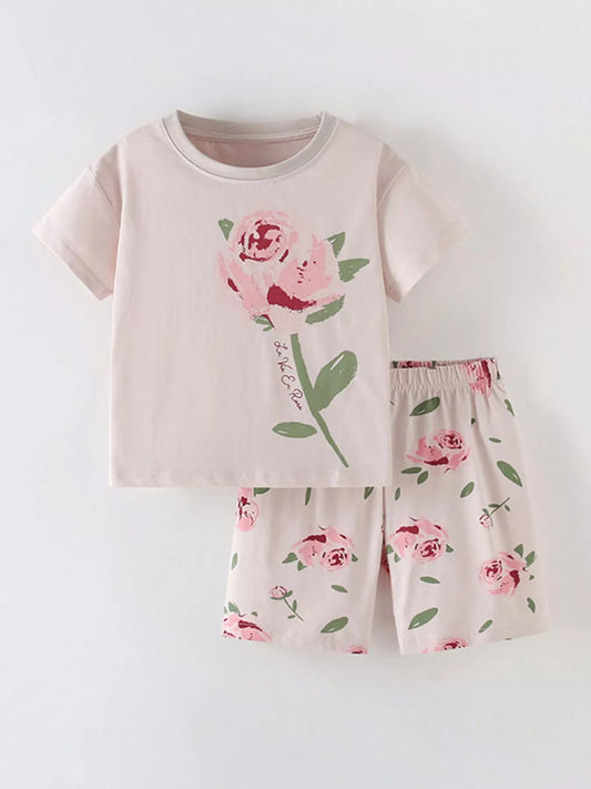 Children's Flower Round Neck Tee and Shorts Set