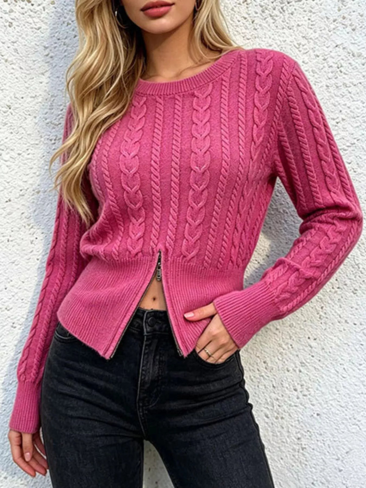 Cable Knit Zipper Detail Sweater