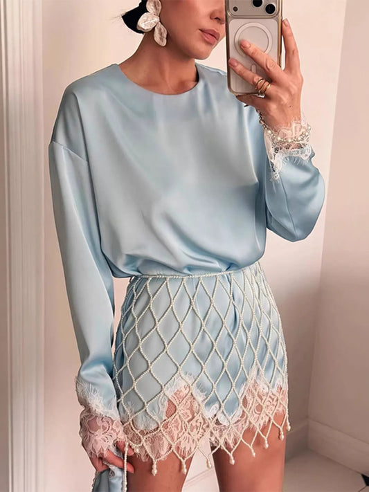 Lace Hem Long Sleeve Oversized Satin Top