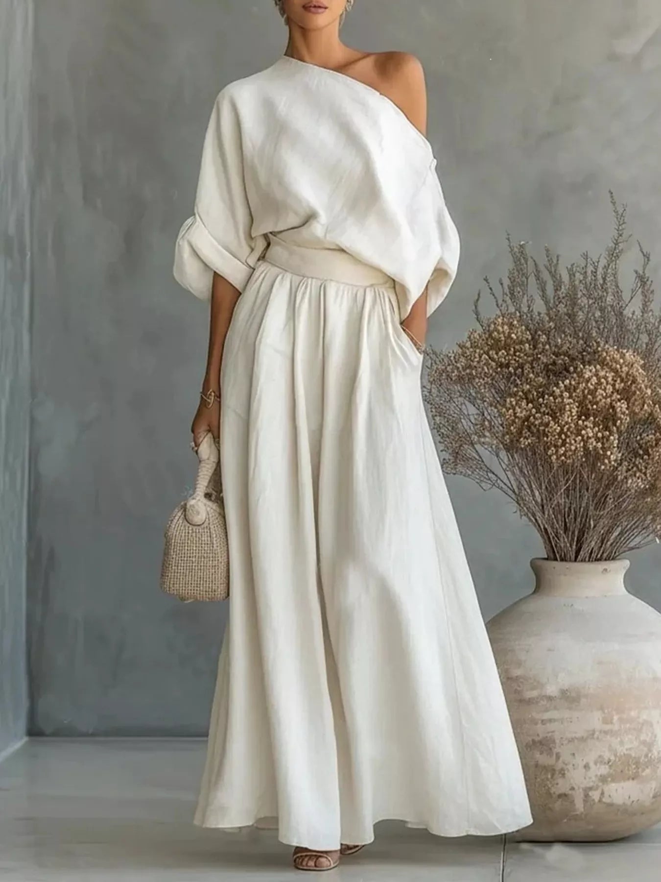 Full Size One Shoulder Top and Wide Leg Pants Set Plus Size