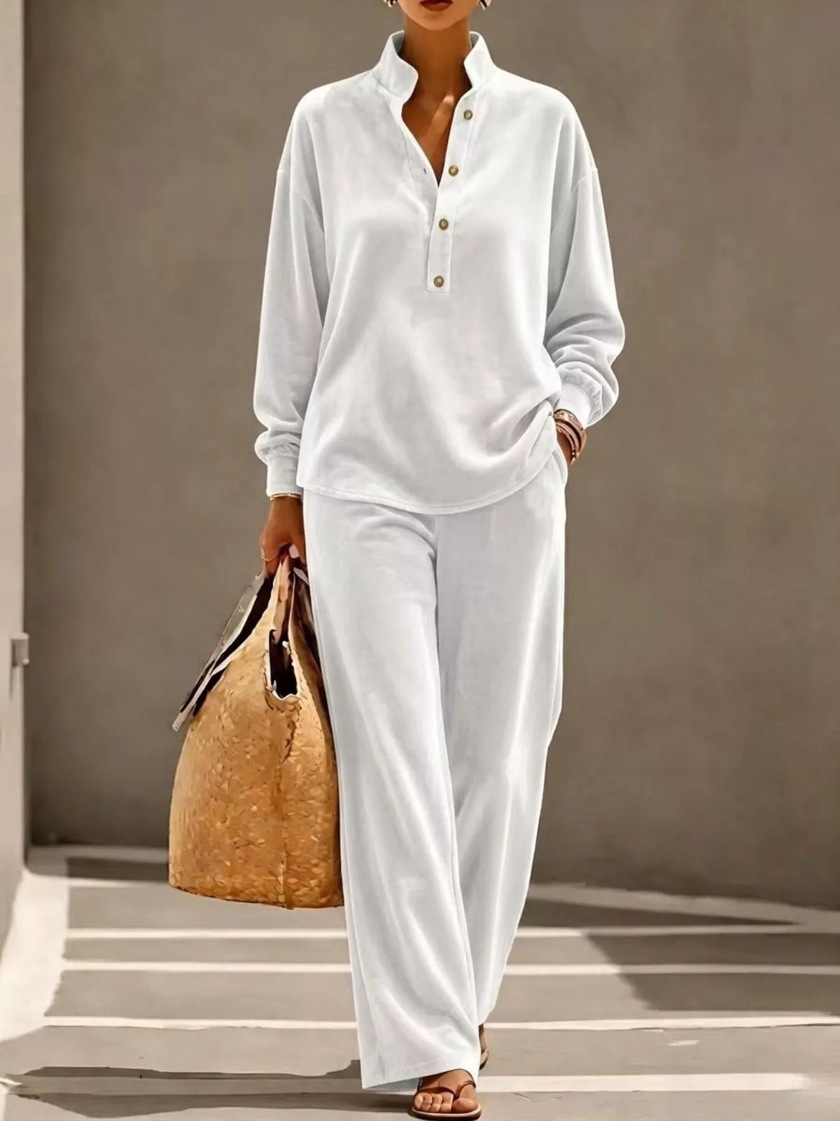 Full Size Half Button Top and Wide Leg Pants Set Plus Size