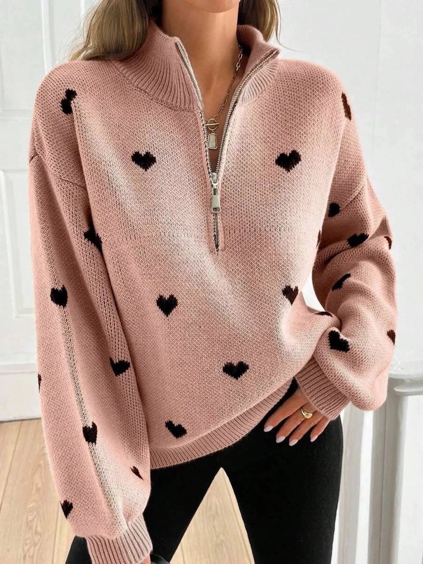 Full Size Heart Half-Zip Long Sleeve Sweater Plus Size