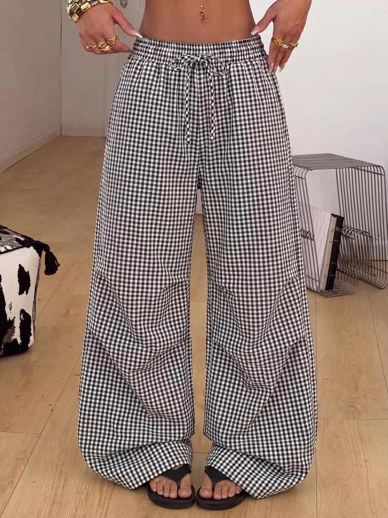 High-Waisted Gingham Wide-Leg Drawstring Pants