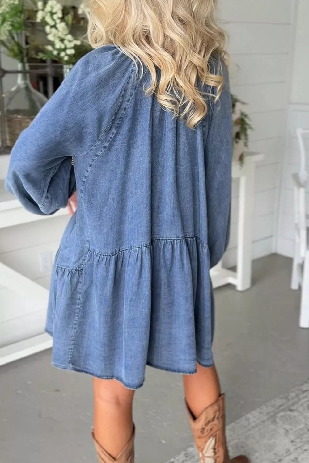 Puff Sleeve V Neck Ruffled Loose Denim Mini Dress