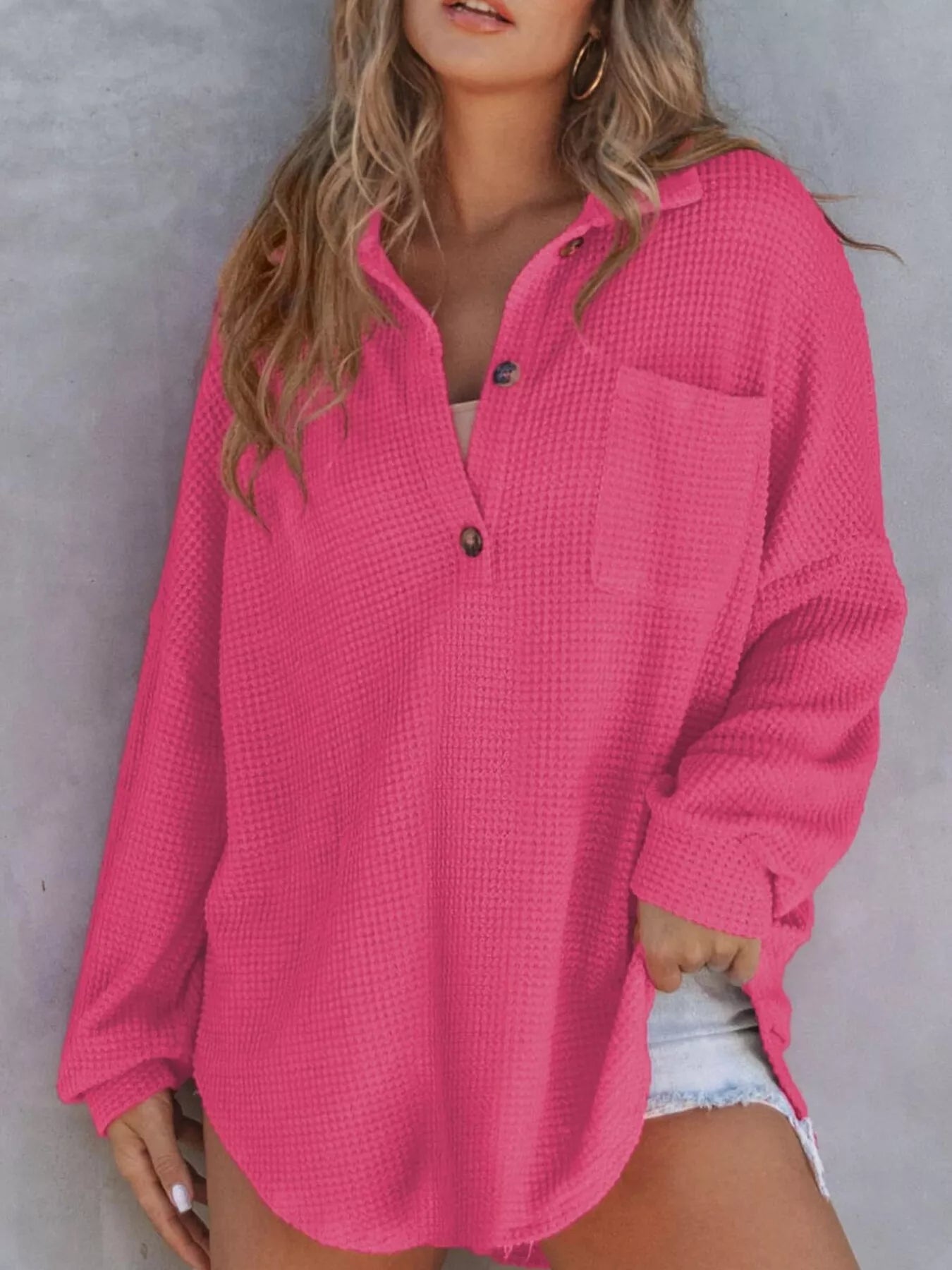 Casual Waffle Knit Button Detail Blouse