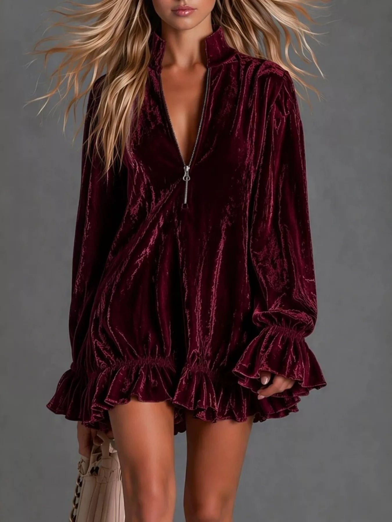 Full Size Zip-Front Ruffle Hem Mini Dress Plus Size