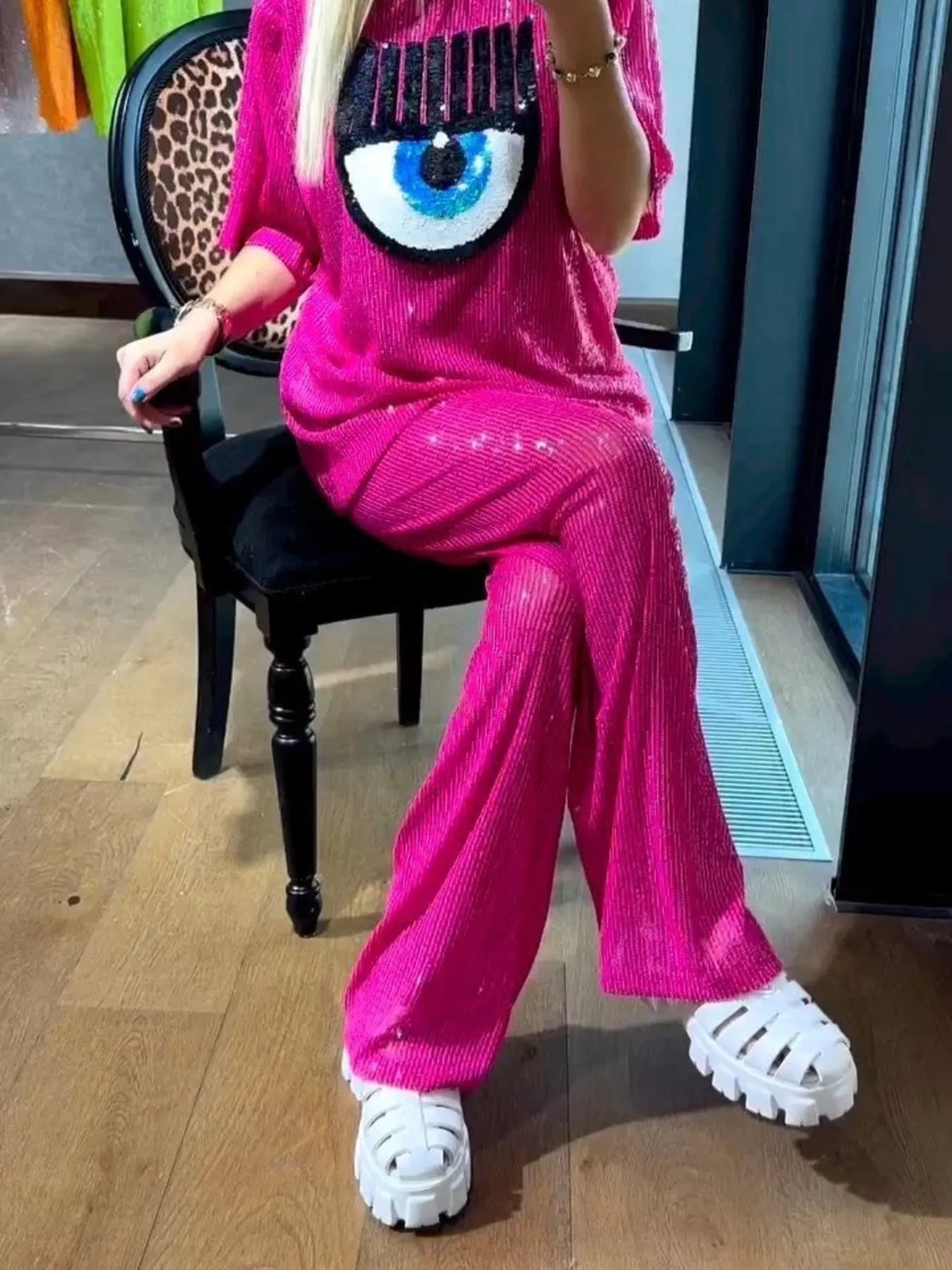 Full Size Eye-Pattern Round Neck Top and Pants Two-Piece Set Plus Size