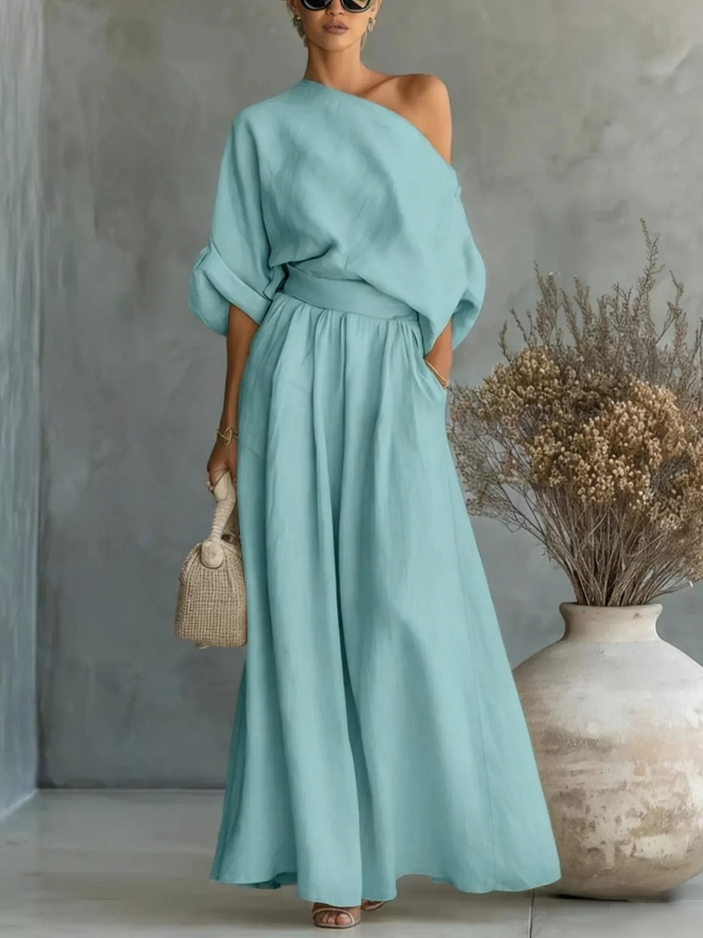 Full Size One Shoulder Top and Wide Leg Pants Set Plus Size